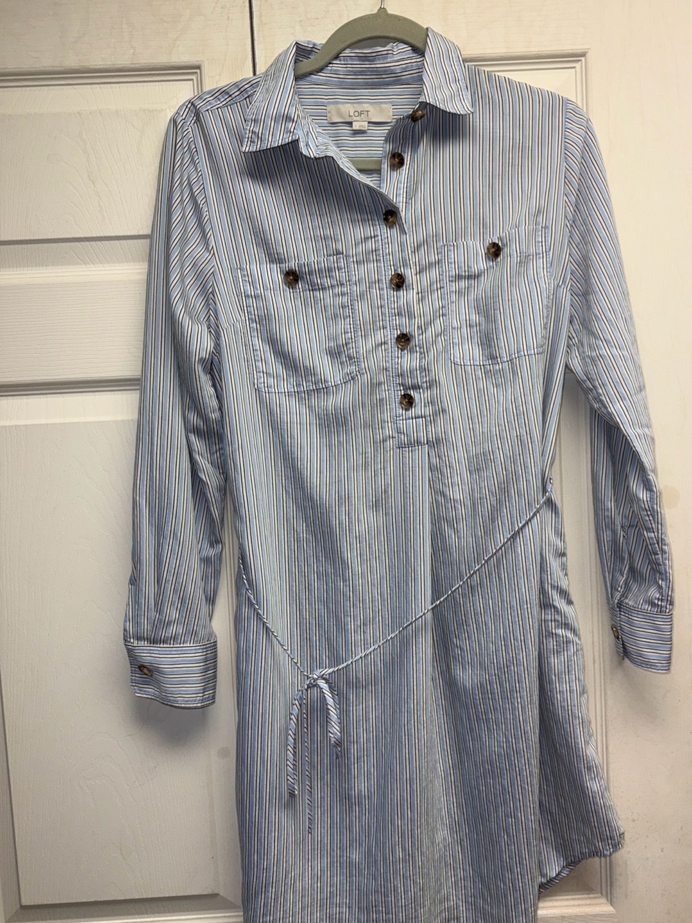 Loft Blue Striped Shirt Dress Long Sleeve Collared Belt Women’s Sz Small